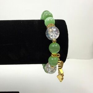 Green Glass Stone Bead Gold Heart Charm Bracelet Crystal Pave Accent Jewelry 6.5